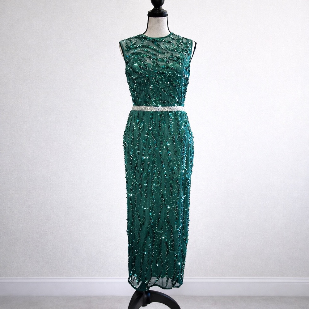 NWT Mac Duggal Emerald Green Sequin Sheath Dress 4 Formal Evening Gala Wedding